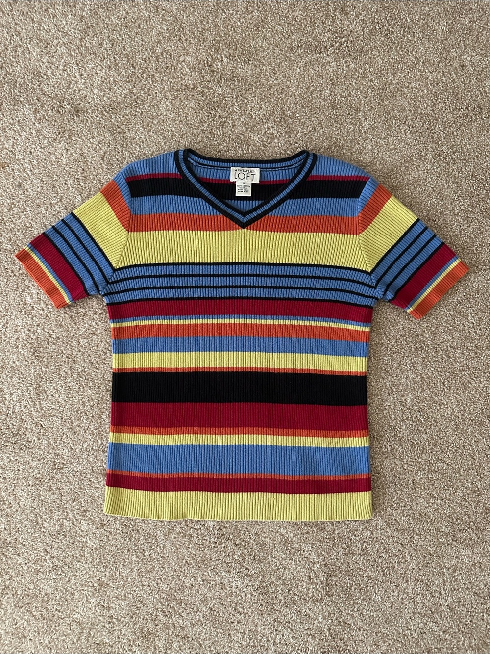 Vintage Ann Taylor Loft Women’s V-Neck Rainbow Stripe Knit Top - Multicolor